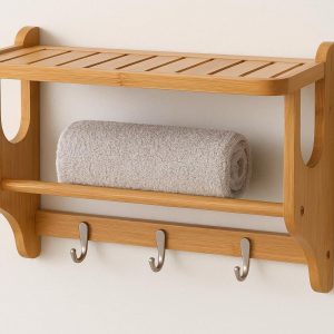 Bamboo Bathroom Shelf with Towel Rack and Hooks