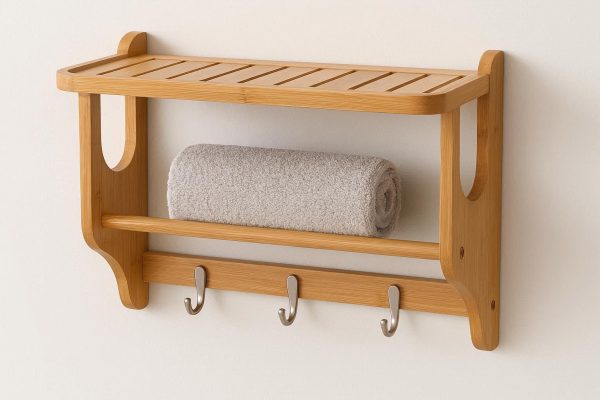 Bamboo Bathroom Shelf with Towel Rack and Hooks