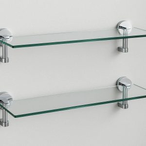 Chrome Finish Wall Mounted Glass Shelves Set of 2