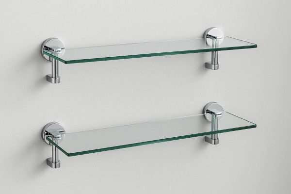 Chrome Finish Wall Mounted Glass Shelves Set of 2